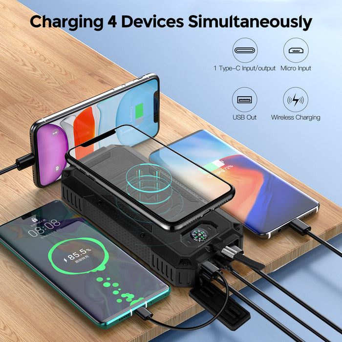 Solar Charger Power Bank 36000mAh IP54 Wireless Charging Phone Charger with Dual USB & Type-C Port, 5A Fast Charging and LED Flashlights, Waterproof, Compatible iPhone, Smartphones, Tablet